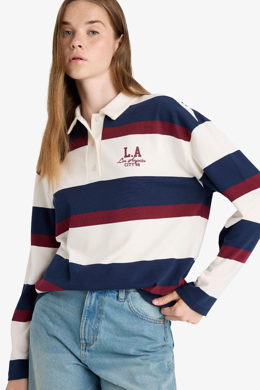 WOMAN White Oversize Fit Polo Neck Striped Printed Sweatshirt