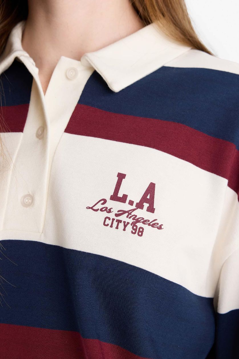 WOMAN White Oversize Fit Polo Neck Striped Printed Sweatshirt