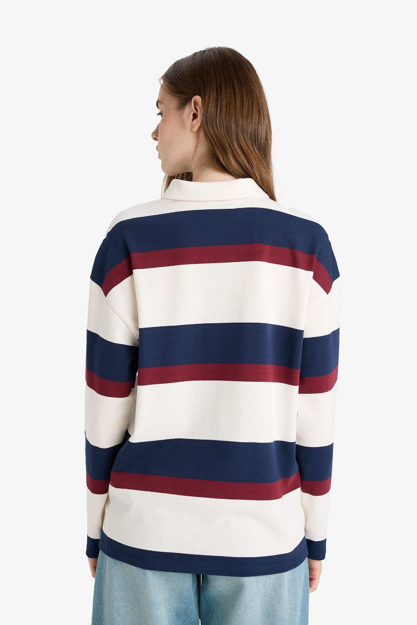 WOMAN White Oversize Fit Polo Neck Striped Printed Sweatshirt