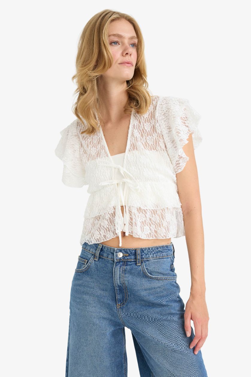 Әйелдерге экру ұзын бұлшықет пішімі v жаға Қысқа жеңді Блуза