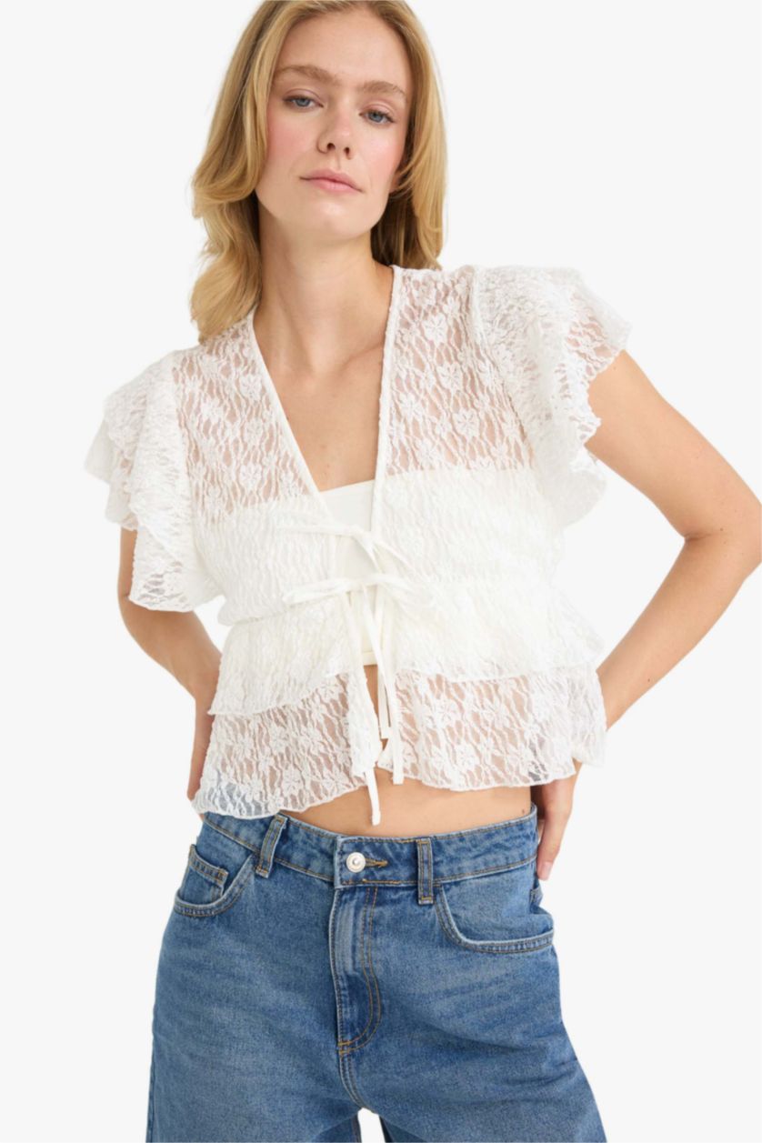 Әйелдерге экру ұзын бұлшықет пішімі v жаға Қысқа жеңді Блуза