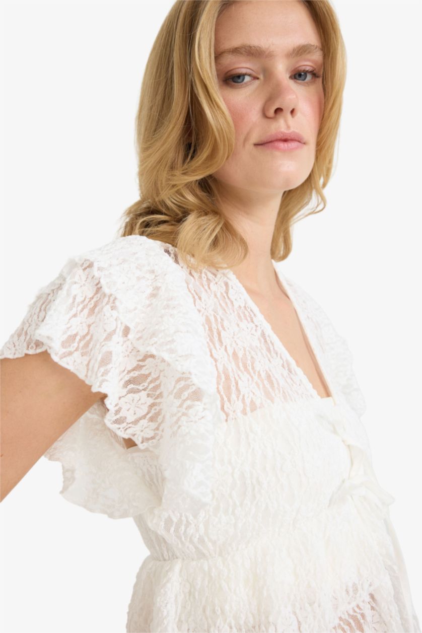 Әйелдерге экру ұзын бұлшықет пішімі v жаға Қысқа жеңді Блуза