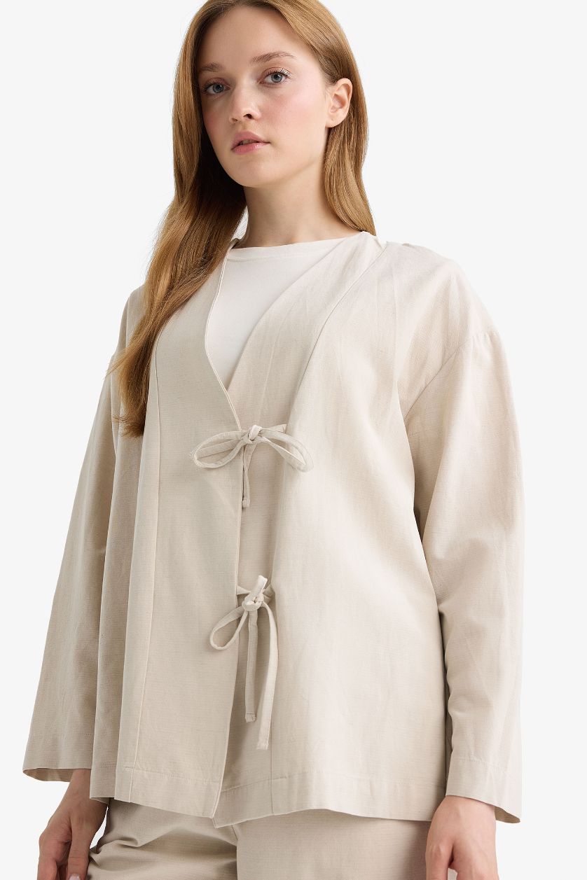 WOMAN Stone Regular Fit V-Neck Linen Blend Kimono