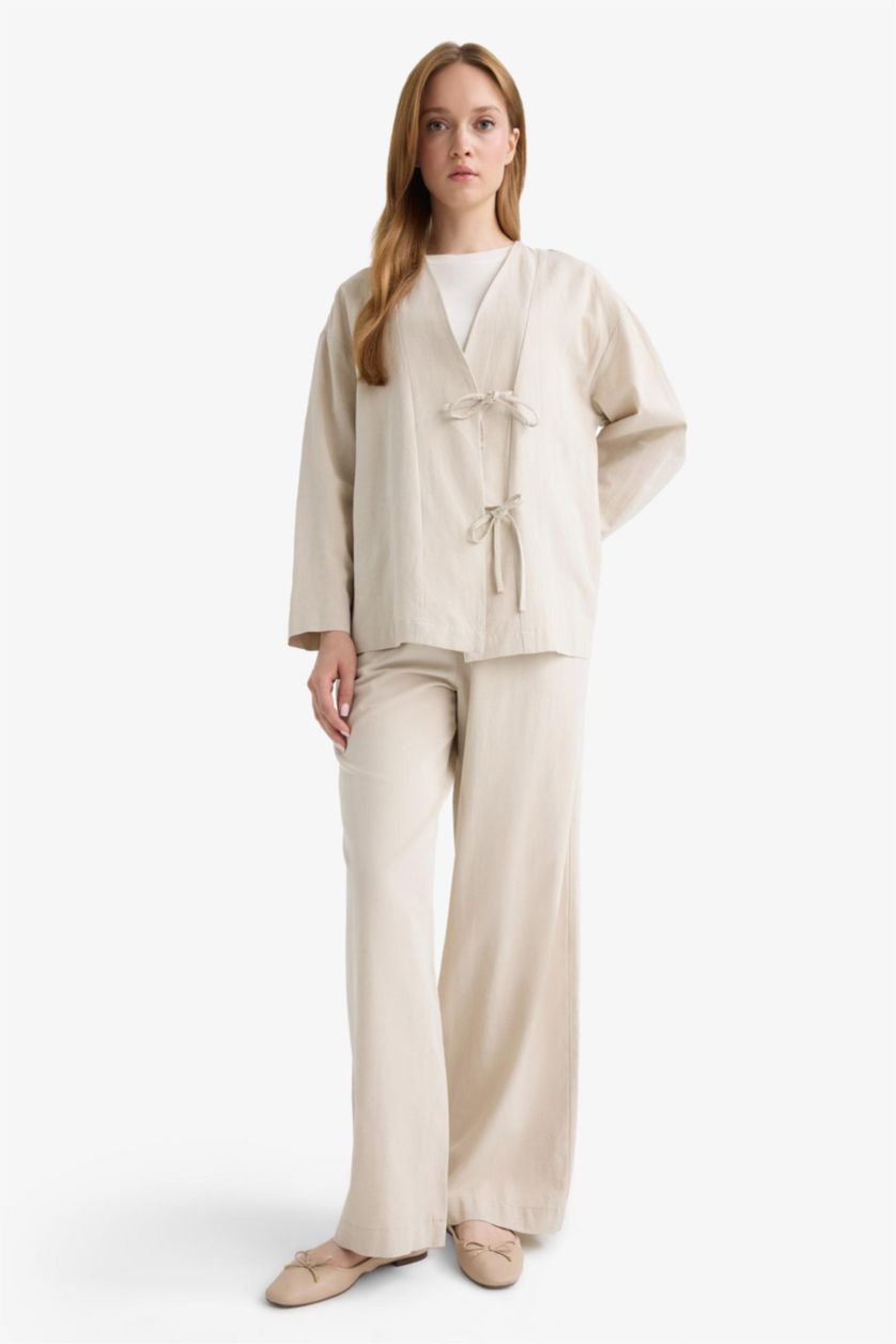 WOMAN Stone Regular Fit V-Neck Linen Blend Kimono