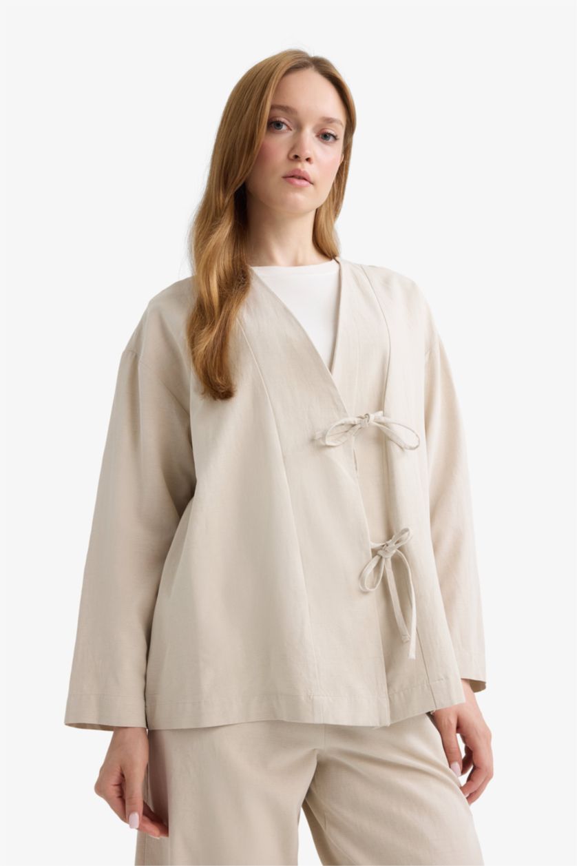 WOMAN Stone Regular Fit V-Neck Linen Blend Kimono