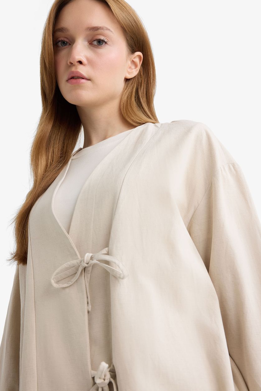WOMAN Stone Regular Fit V-Neck Linen Blend Kimono