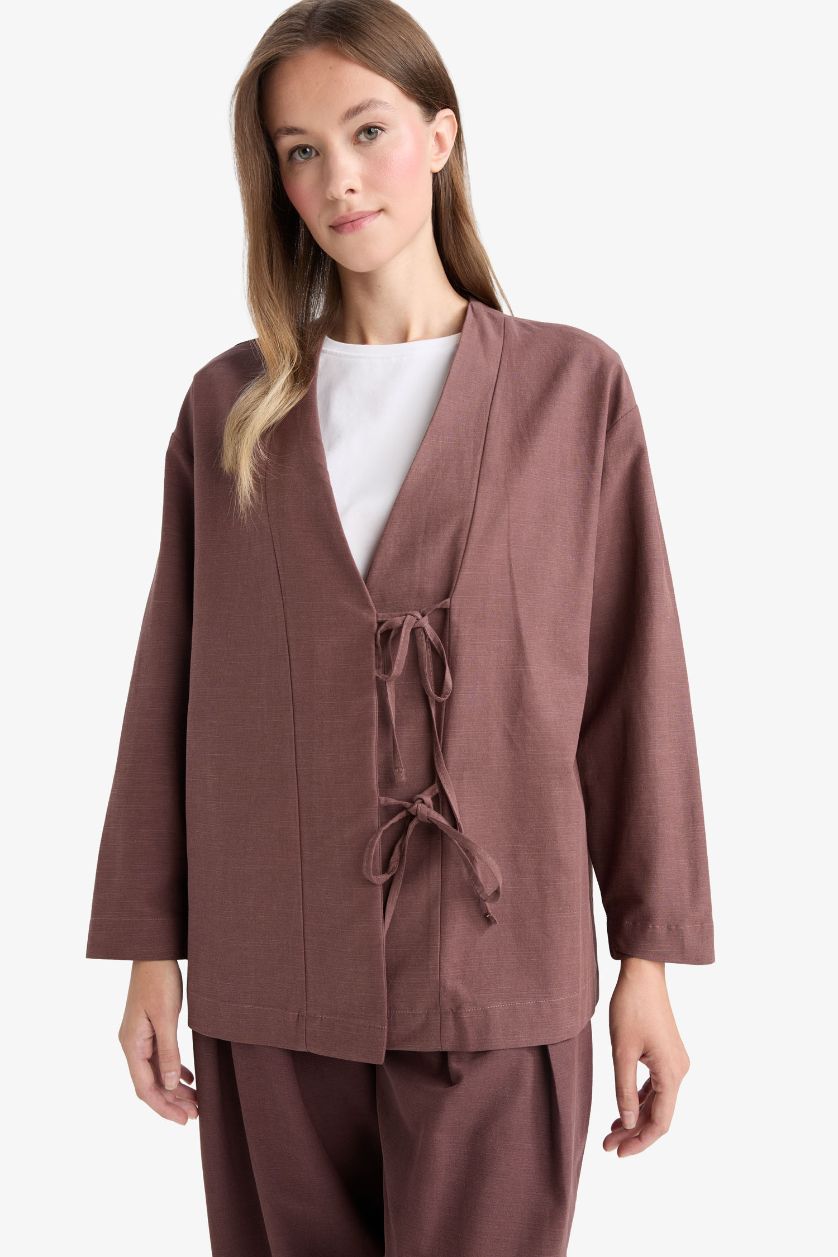 Kadın Kahve Regular Fıt V Yaka Keten Karışımlı Kimono
