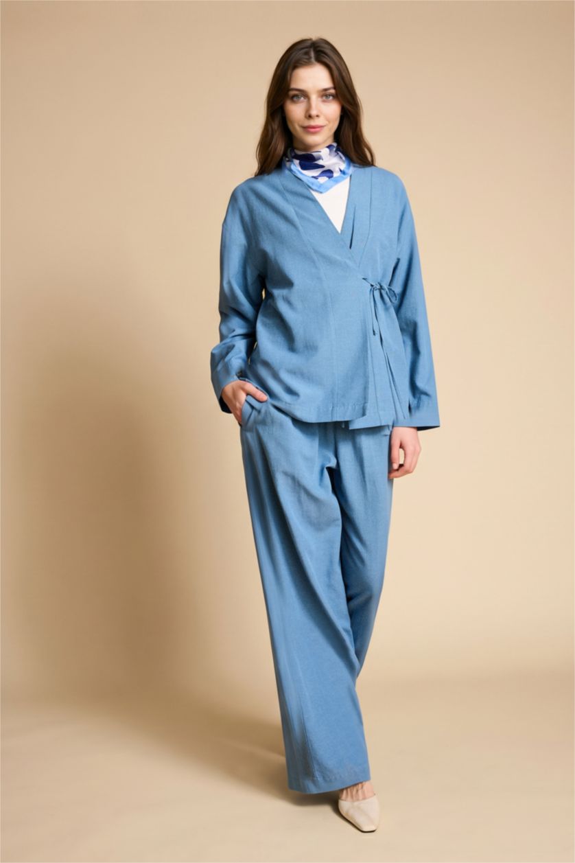 Woman Blue Wide Leg Linen Blended Trousers