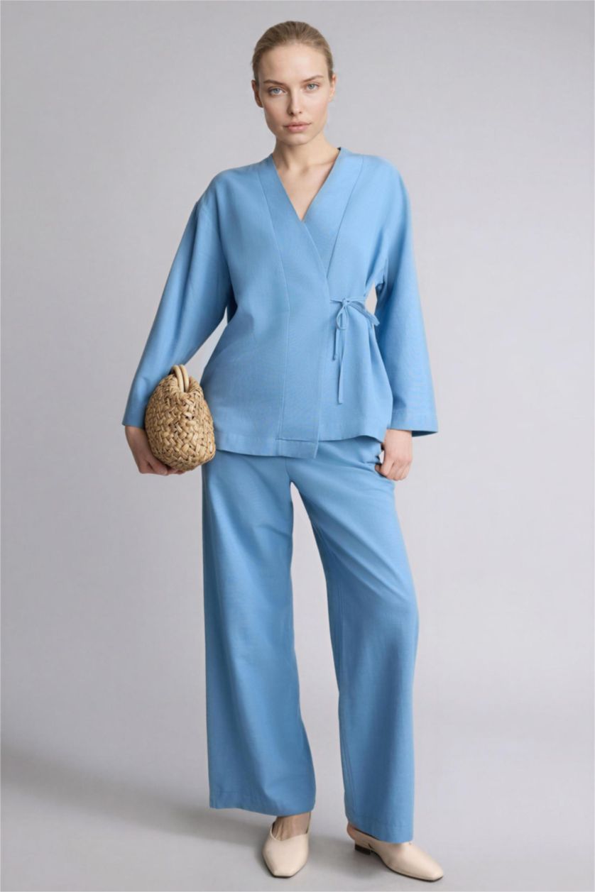 Woman Blue Wide Leg Linen Blended Trousers