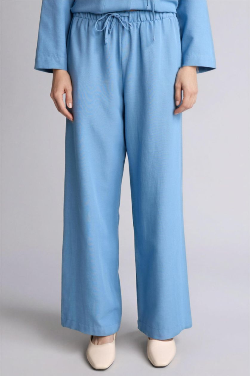 Woman Blue Wide Leg Linen Blended Trousers