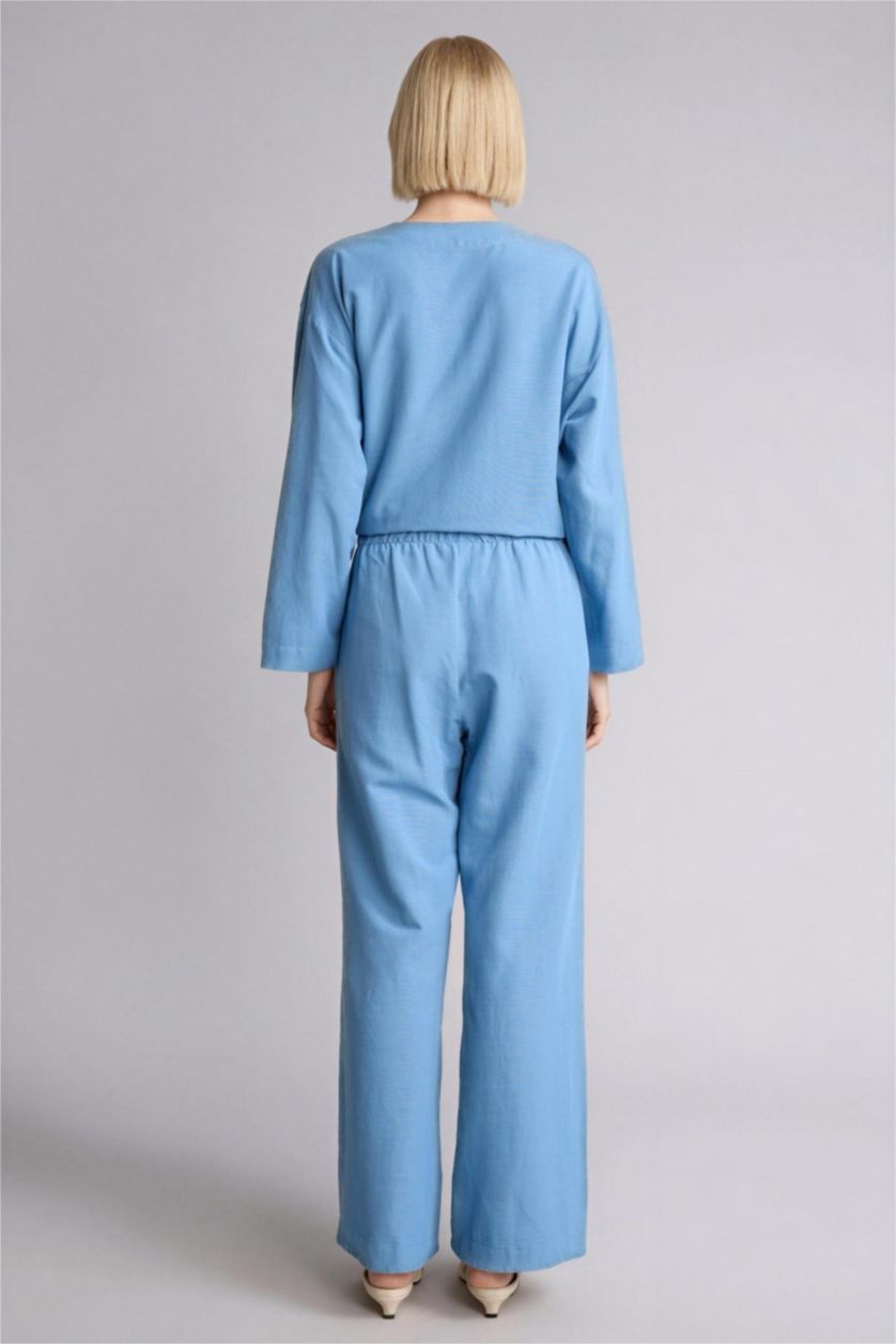 Woman Blue Wide Leg Linen Blended Trousers