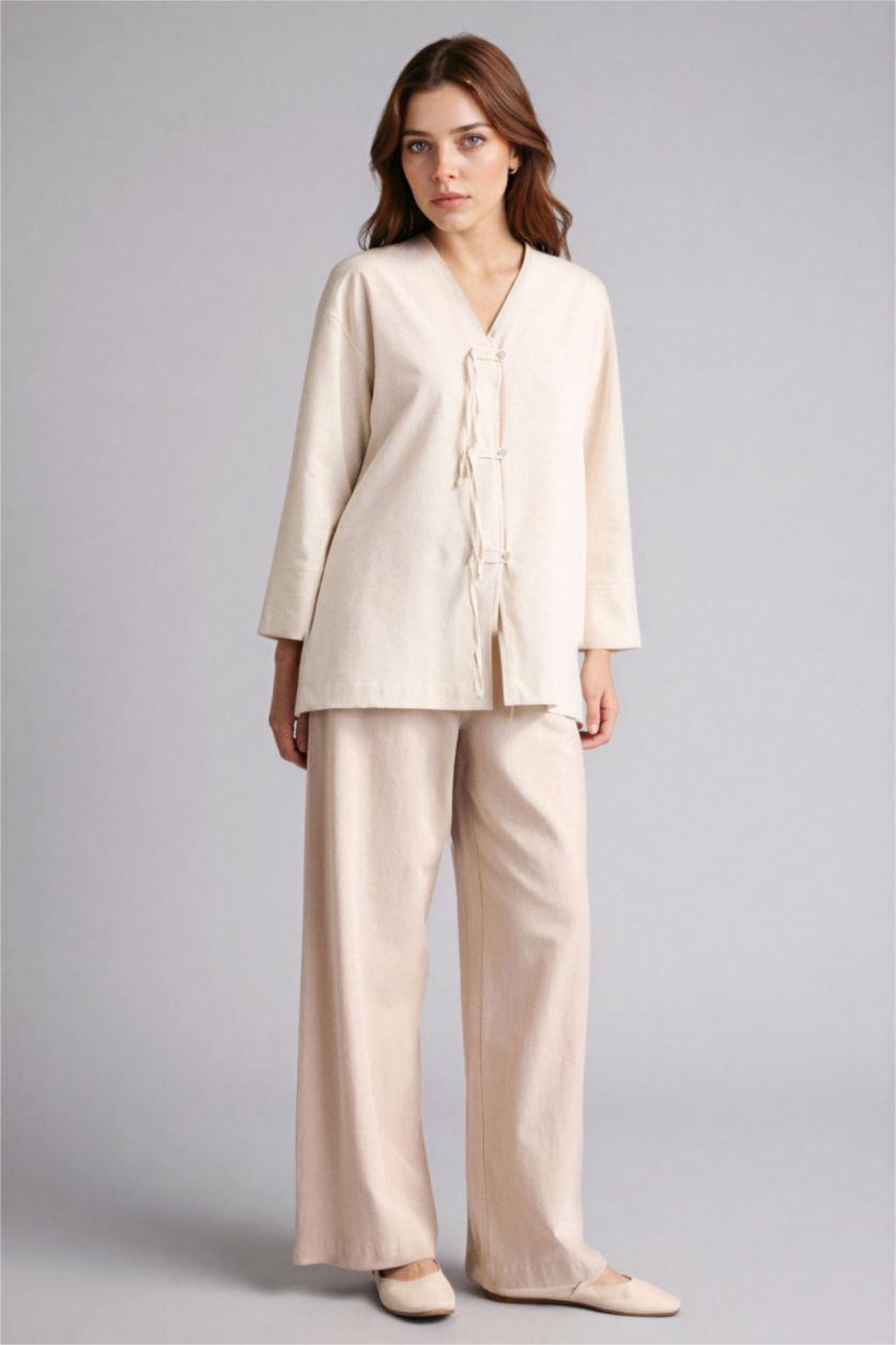 Woman Beige Wide Leg Linen Blended Trousers