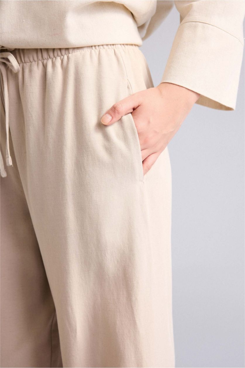 Woman Beige Wide Leg Linen Blended Trousers