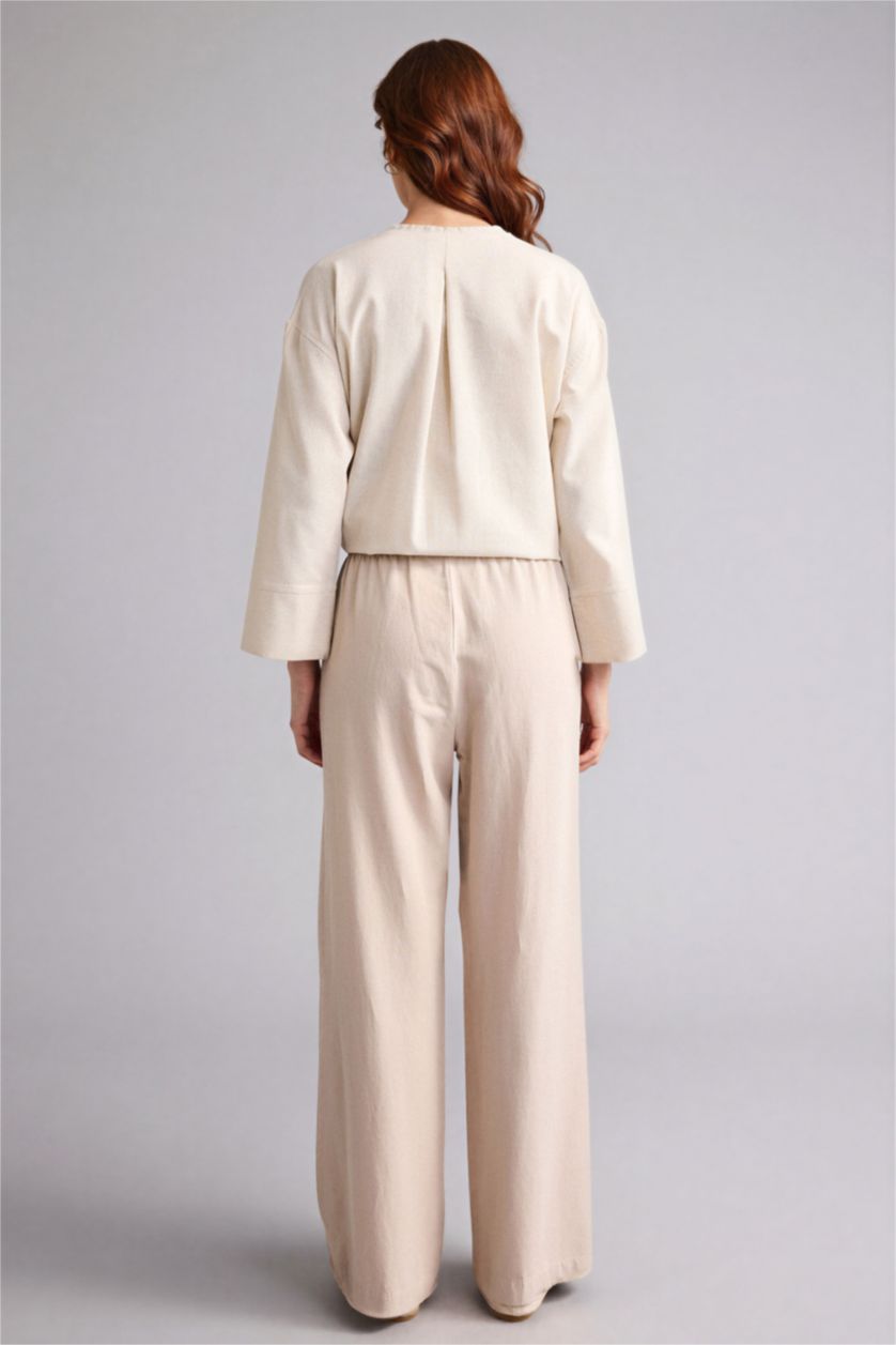 Woman Beige Wide Leg Linen Blended Trousers