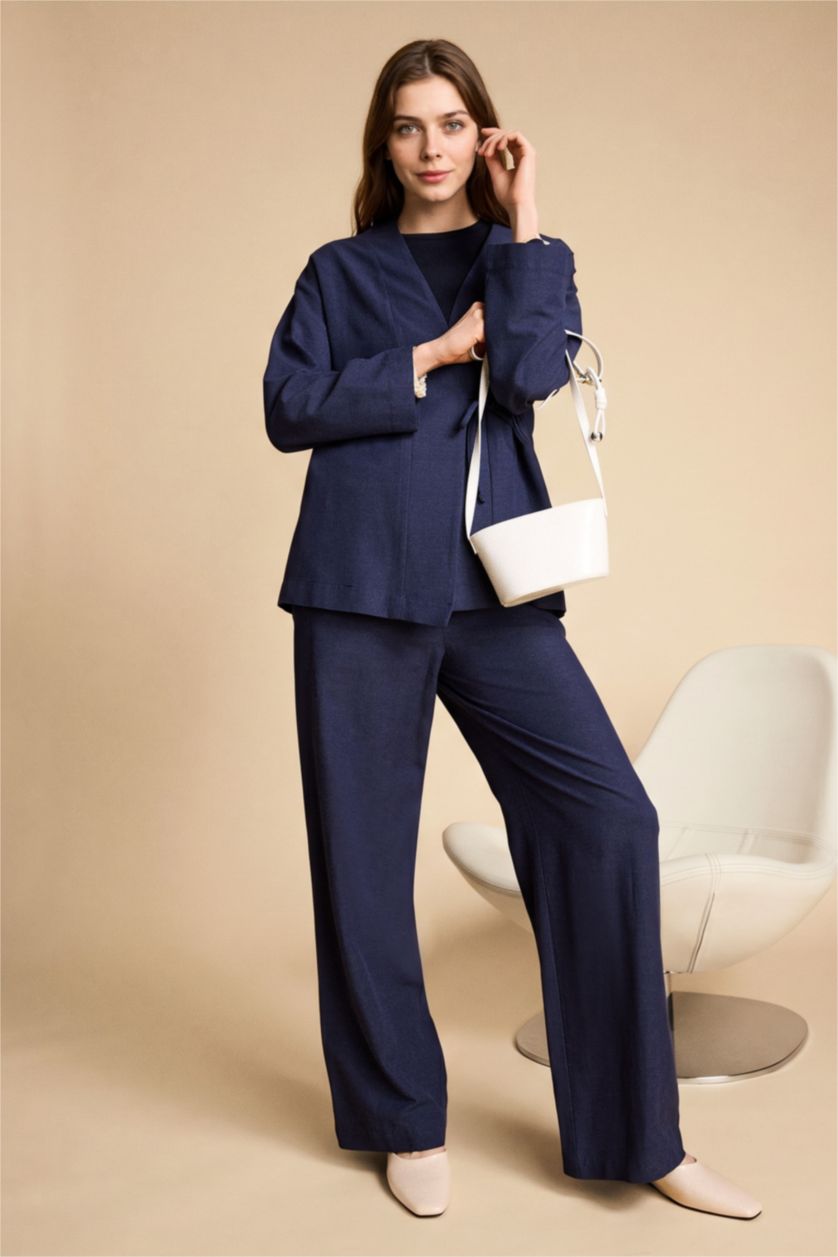 Woman NAVY Wide Leg Blended Linen Trousers