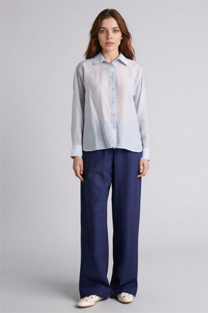 Kadın Lacivert Wıde Leg Keten Karışımlı Pantolon