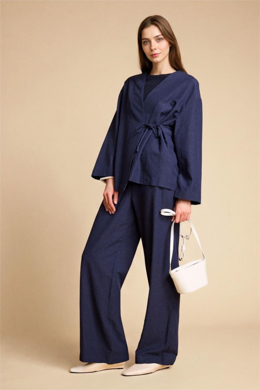 Woman NAVY Wide Leg Blended Linen Trousers