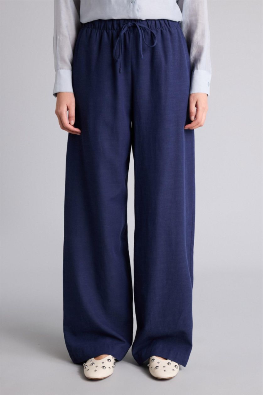 Kadın Lacivert Wıde Leg Keten Karışımlı Pantolon
