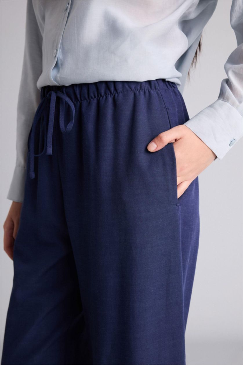Kadın Lacivert Wıde Leg Keten Karışımlı Pantolon