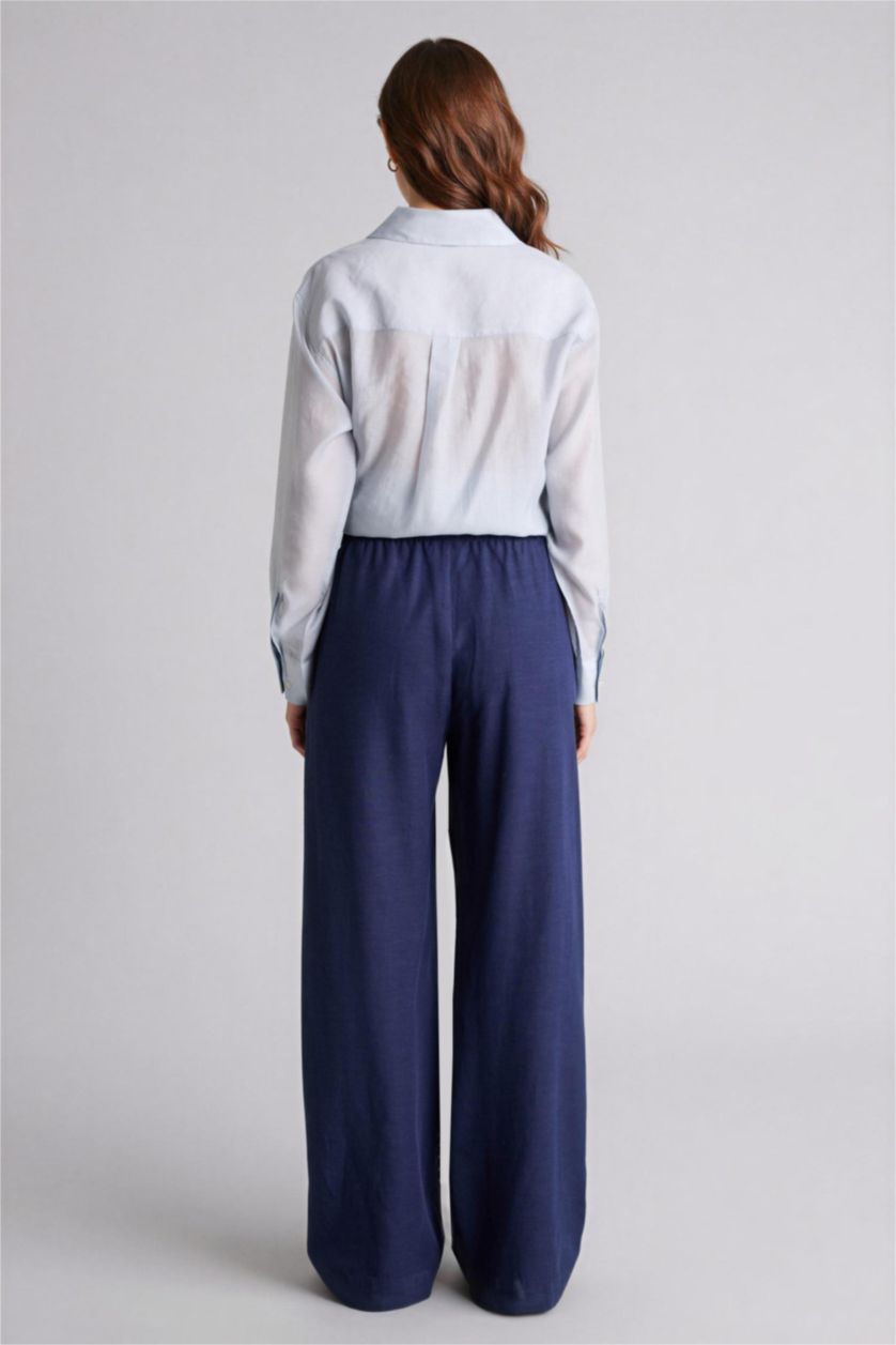 Kadın Lacivert Wıde Leg Keten Karışımlı Pantolon