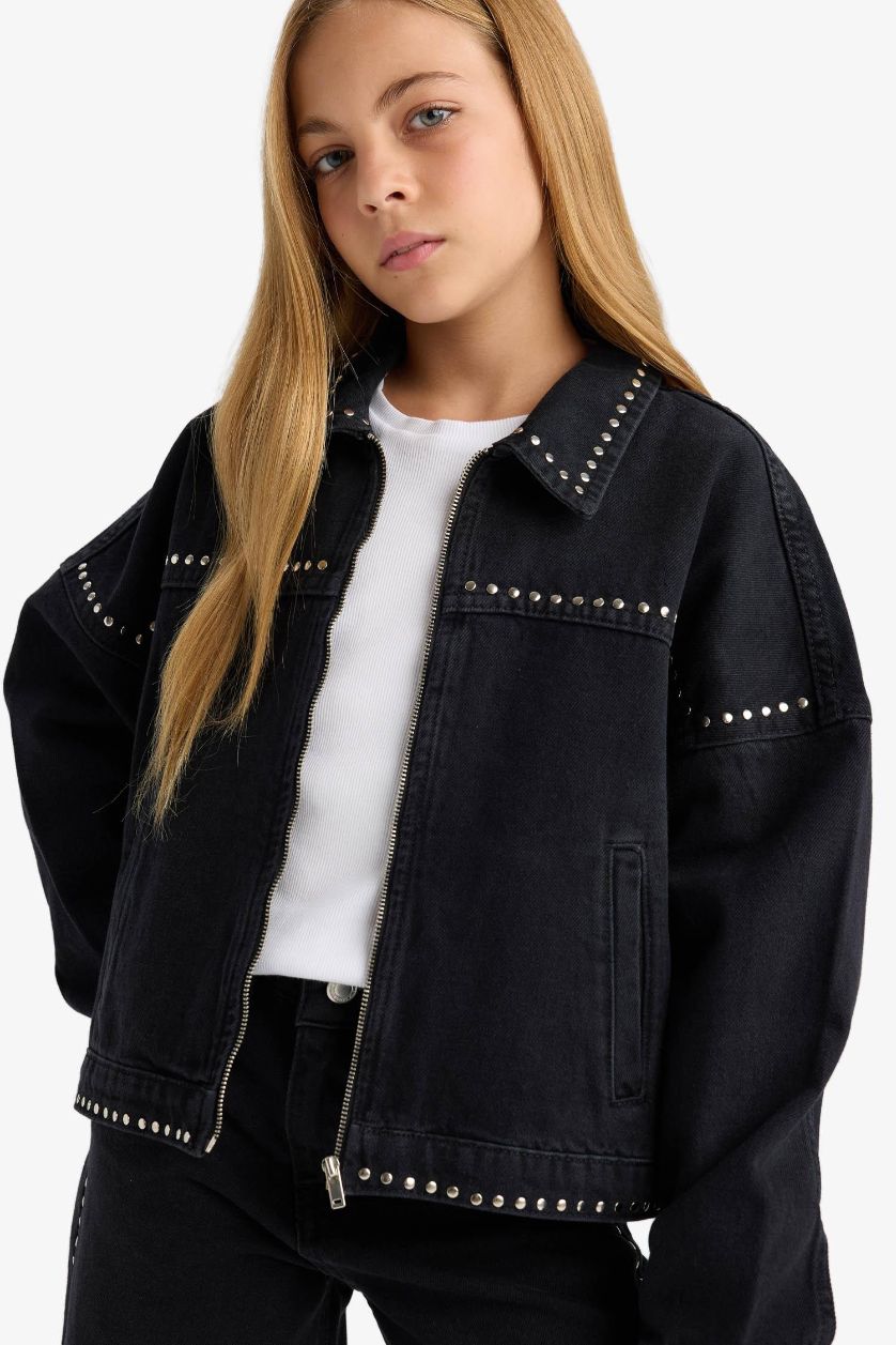 Girls & Teens Black Girl Cotton Zip-Up Denim Jacket