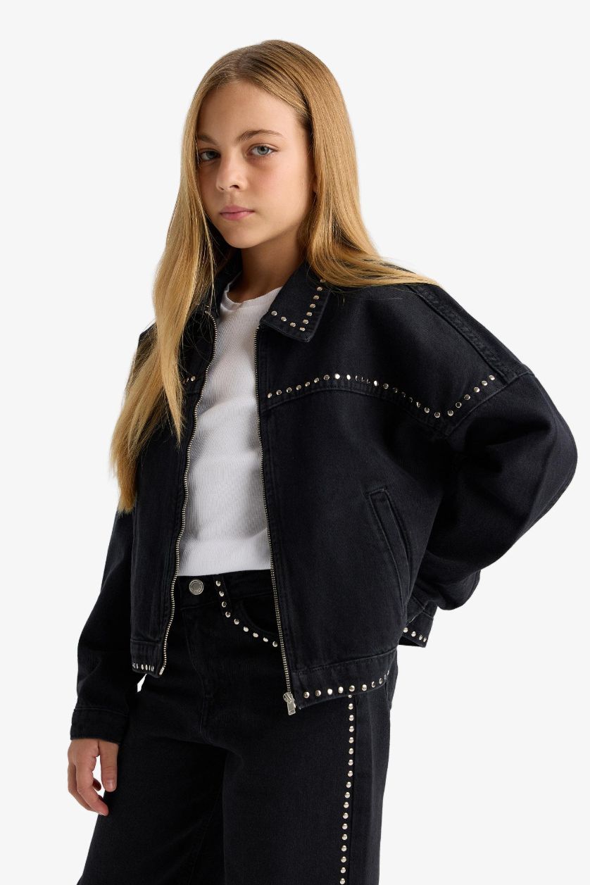 Girls & Teens Black Girl Cotton Zip-Up Denim Jacket
