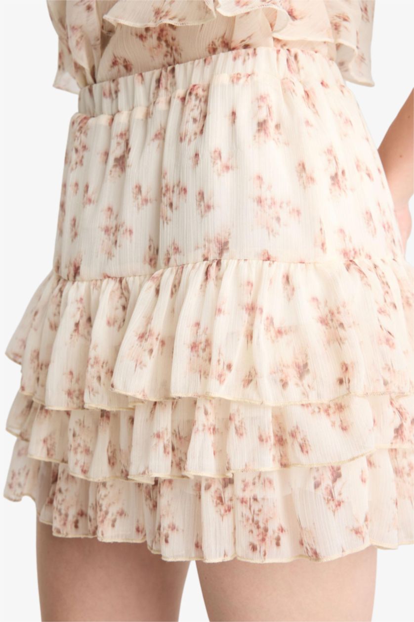 Kadın Ekru Çiçekli Normal Bel Penye Astar Şifon Mini Etek