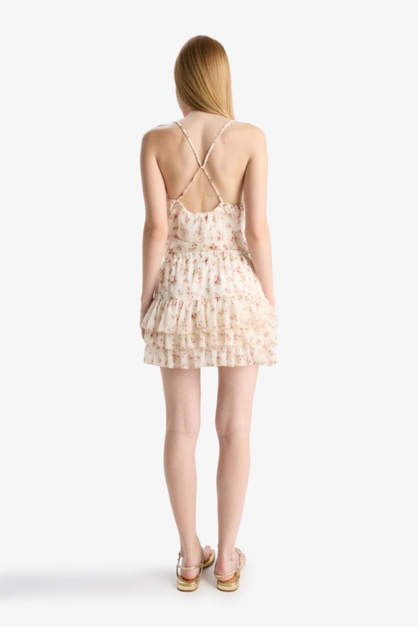 Kadın Ekru Çiçekli Normal Bel Penye Astar Şifon Mini Etek