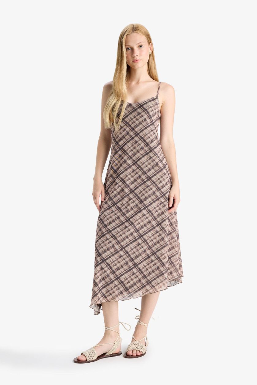 Женщины Коричневый Платье миди в клетку с V-образным вырезом и тонкими бретелями