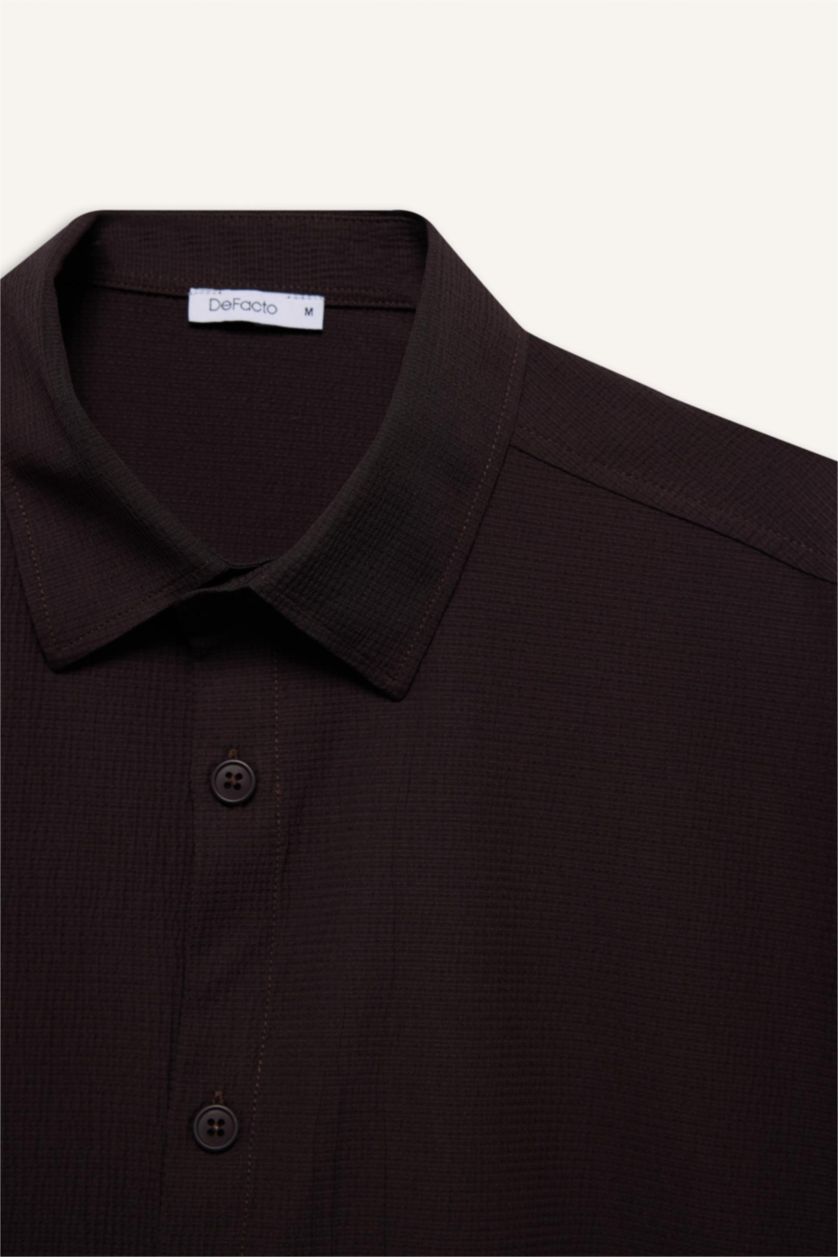 Erkek Kahve Boxy Fıt Gömlek Yaka Krinkıl Kısa Kollu Gömlek