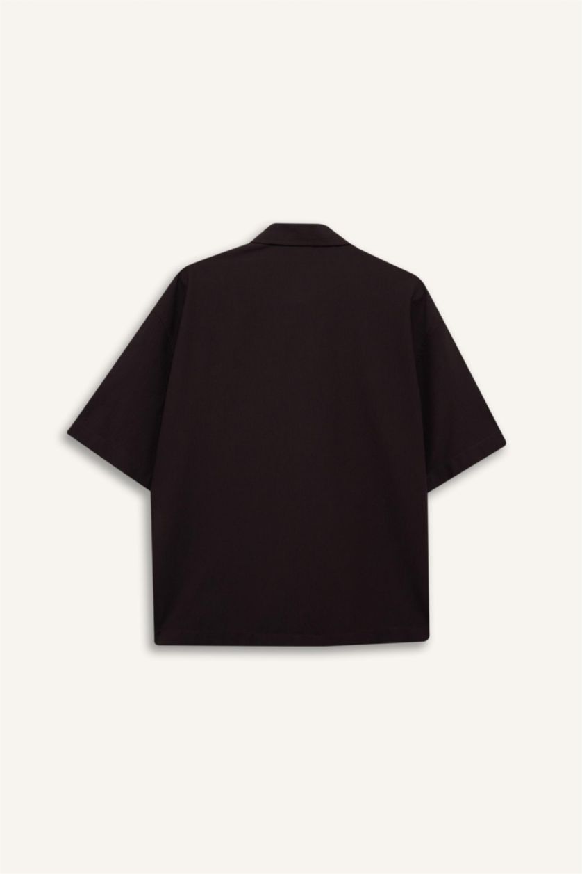 Erkek Kahve Boxy Fıt Gömlek Yaka Krinkıl Kısa Kollu Gömlek