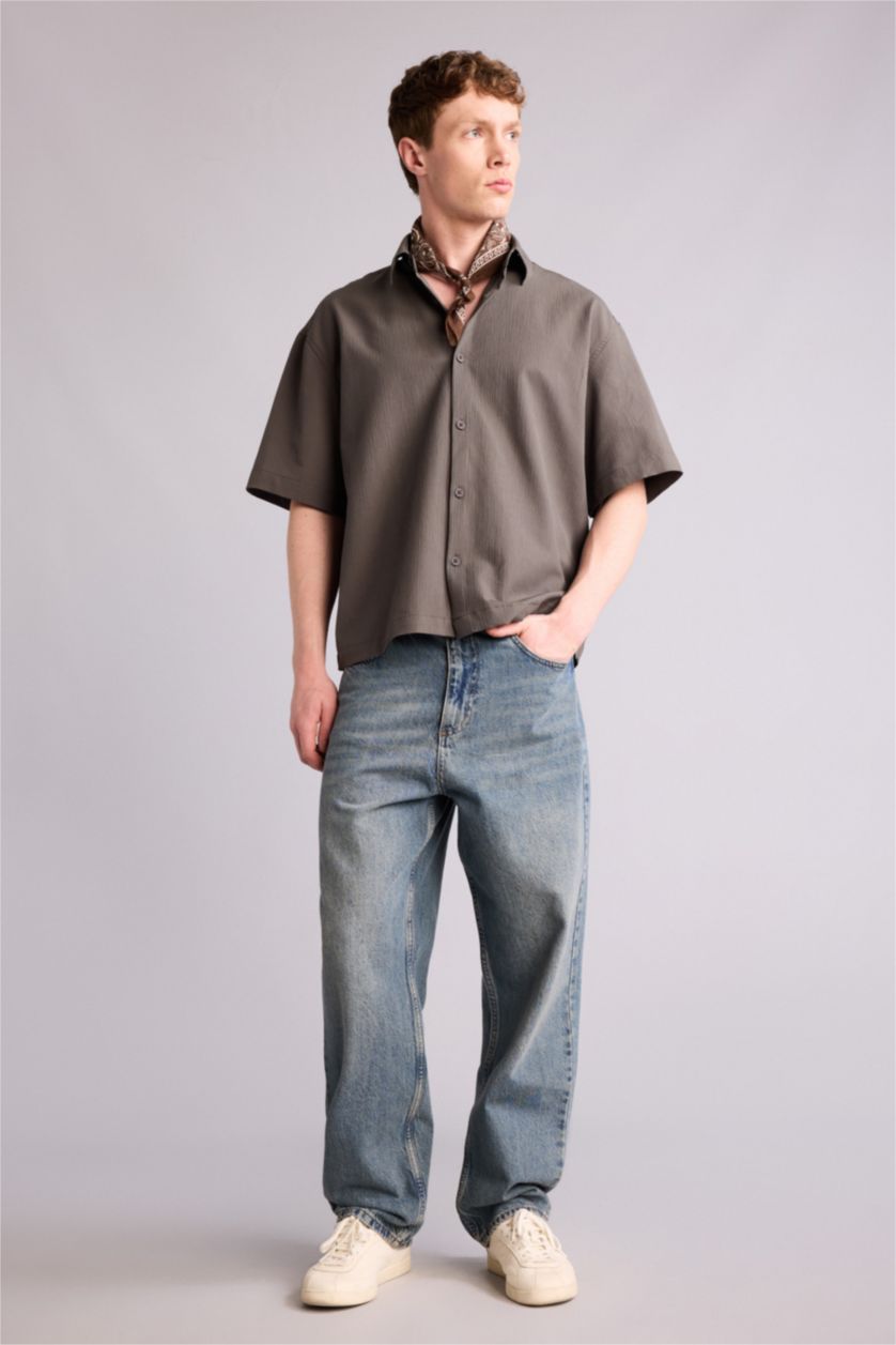 Erkek Koyu Haki Boxy Fıt Gömlek Yaka Krinkıl Kısa Kollu Gömlek