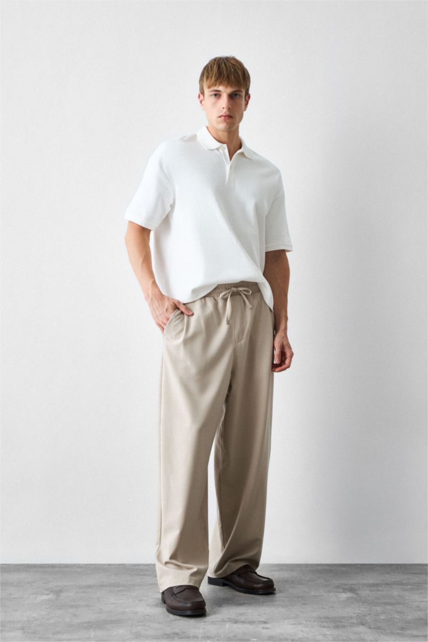 Man Stone Barrel Fit Elastic Waist Beige Trousers