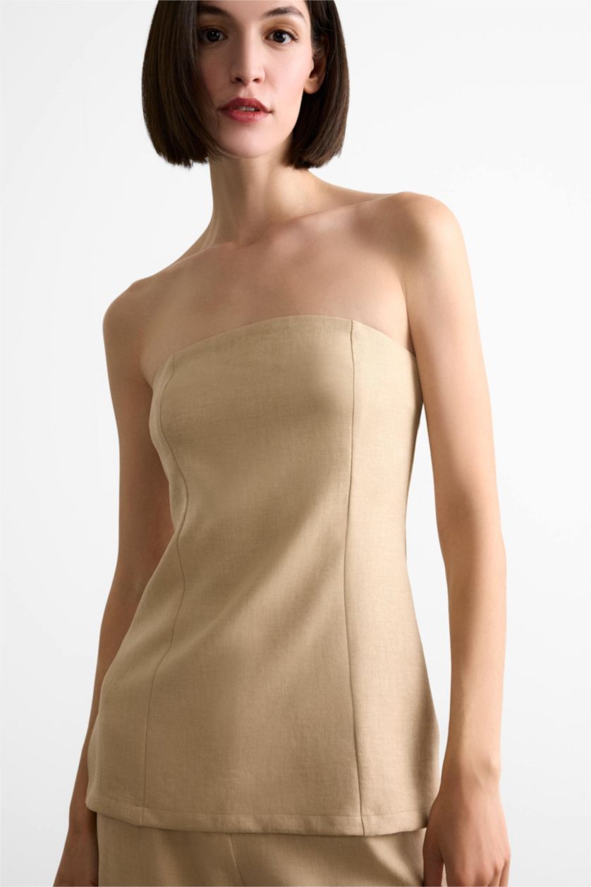 Kadın Camel Vücudu Saran Straplez Basic Düz Bluz