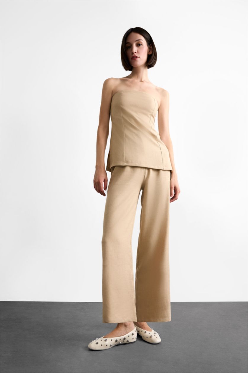 Kadın Camel Vücudu Saran Straplez Basic Düz Bluz