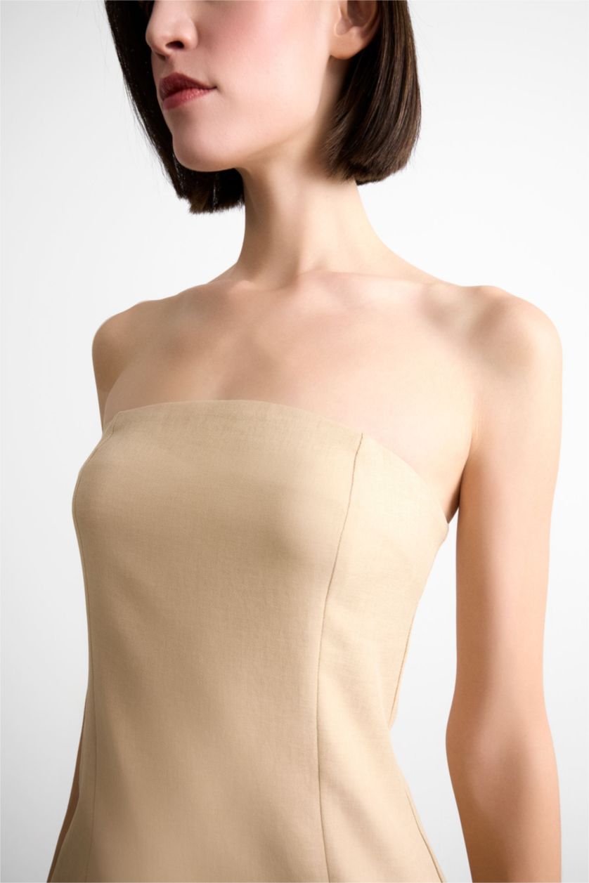 Kadın Camel Vücudu Saran Straplez Basic Düz Bluz