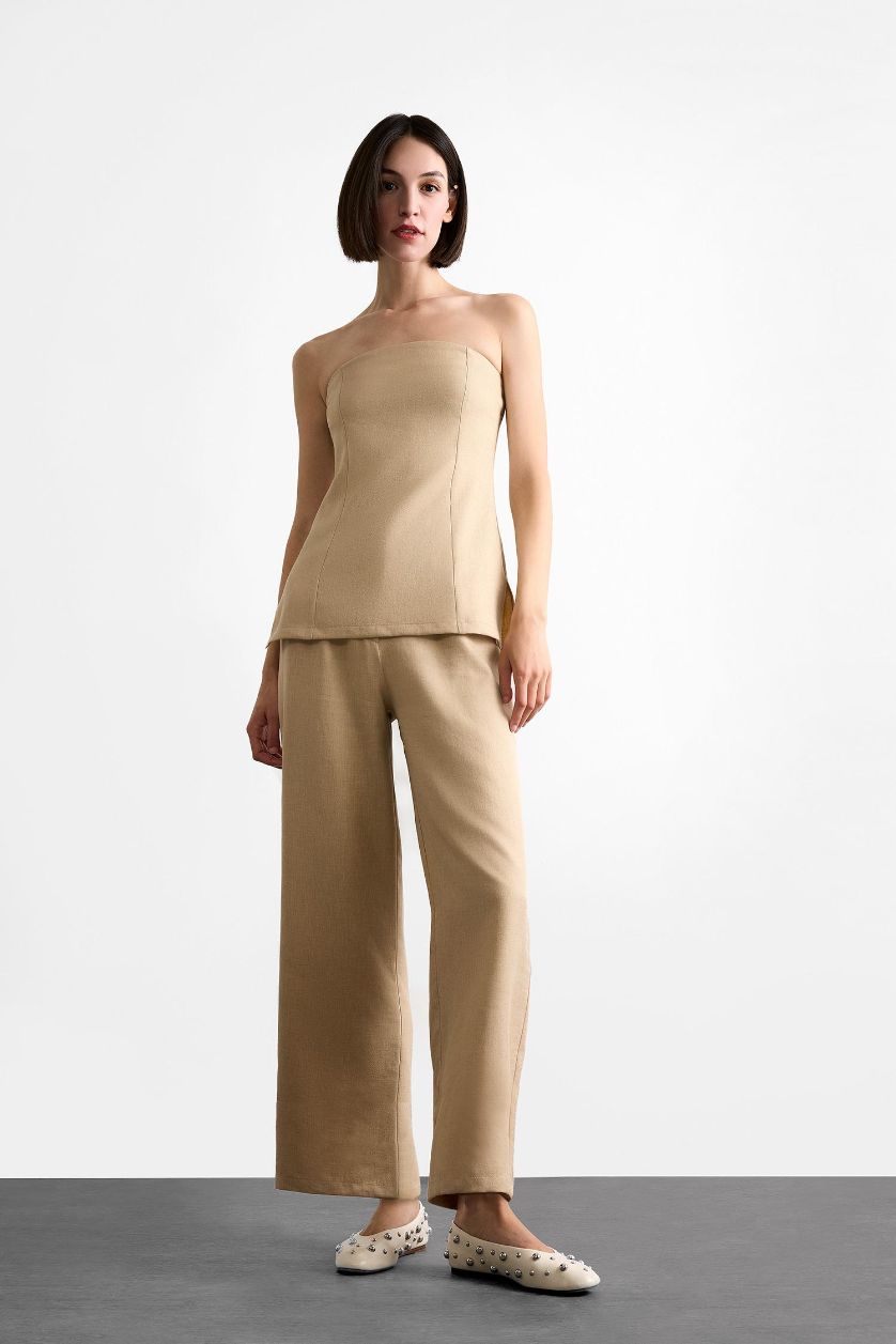 Woman Camel Ankle Length Zipper Linen Blended Trousers