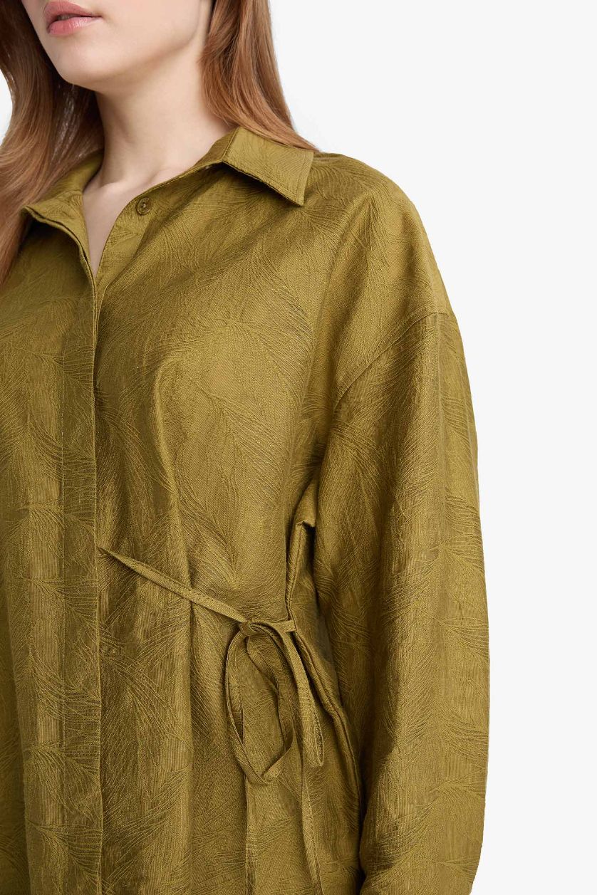 Kadın Haki Regular Fıt Gömlek Yaka Jakarlı Uzun Kollu Tunik