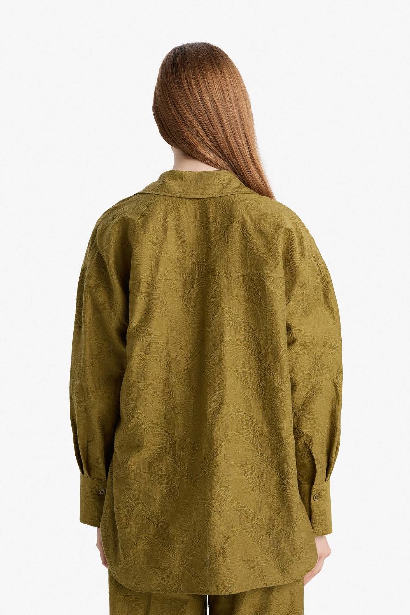 Kadın Haki Regular Fıt Gömlek Yaka Jakarlı Uzun Kollu Tunik