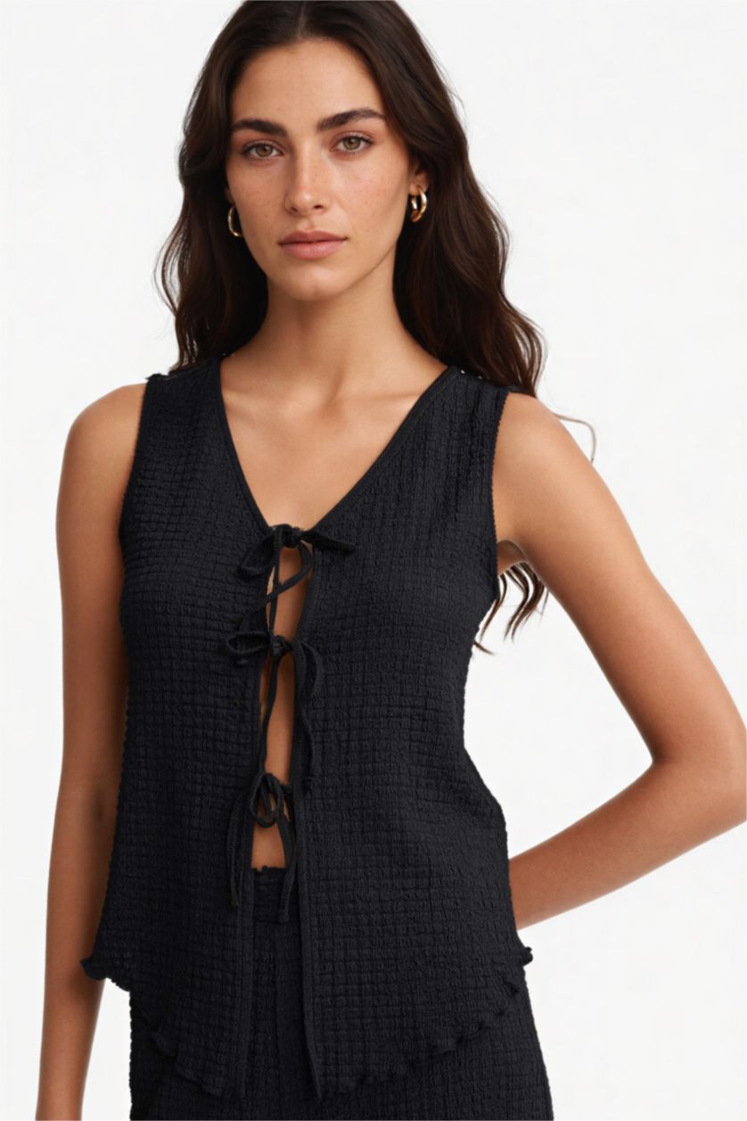 Женщины Черный Облегающая блузка без рукавов с завязками спереди и V-образным вырезом