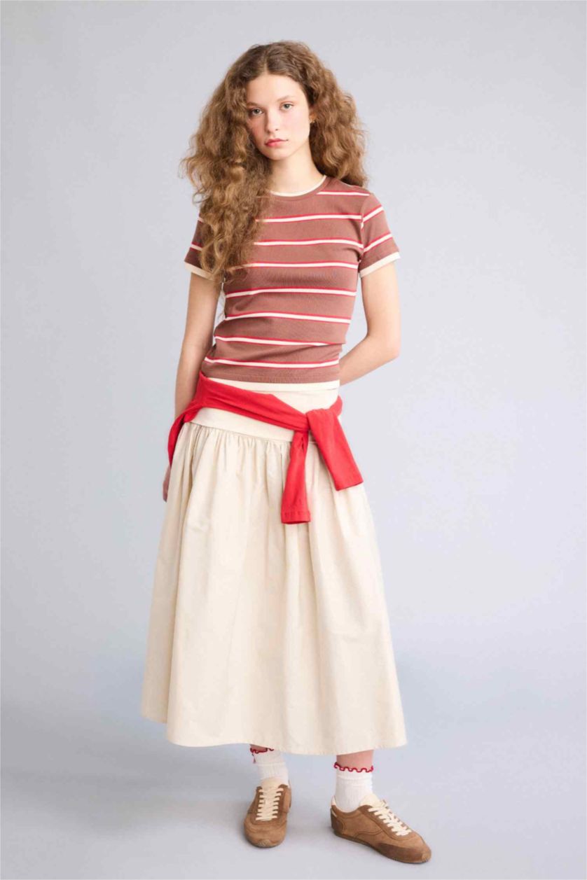 Kadın Bej A Kesim Yüksek Bel Poplin Midi Etek