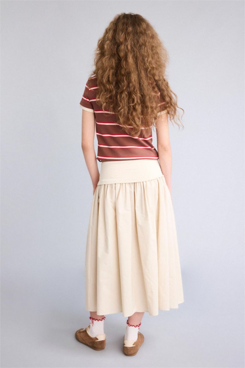 Kadın Bej A Kesim Yüksek Bel Poplin Midi Etek