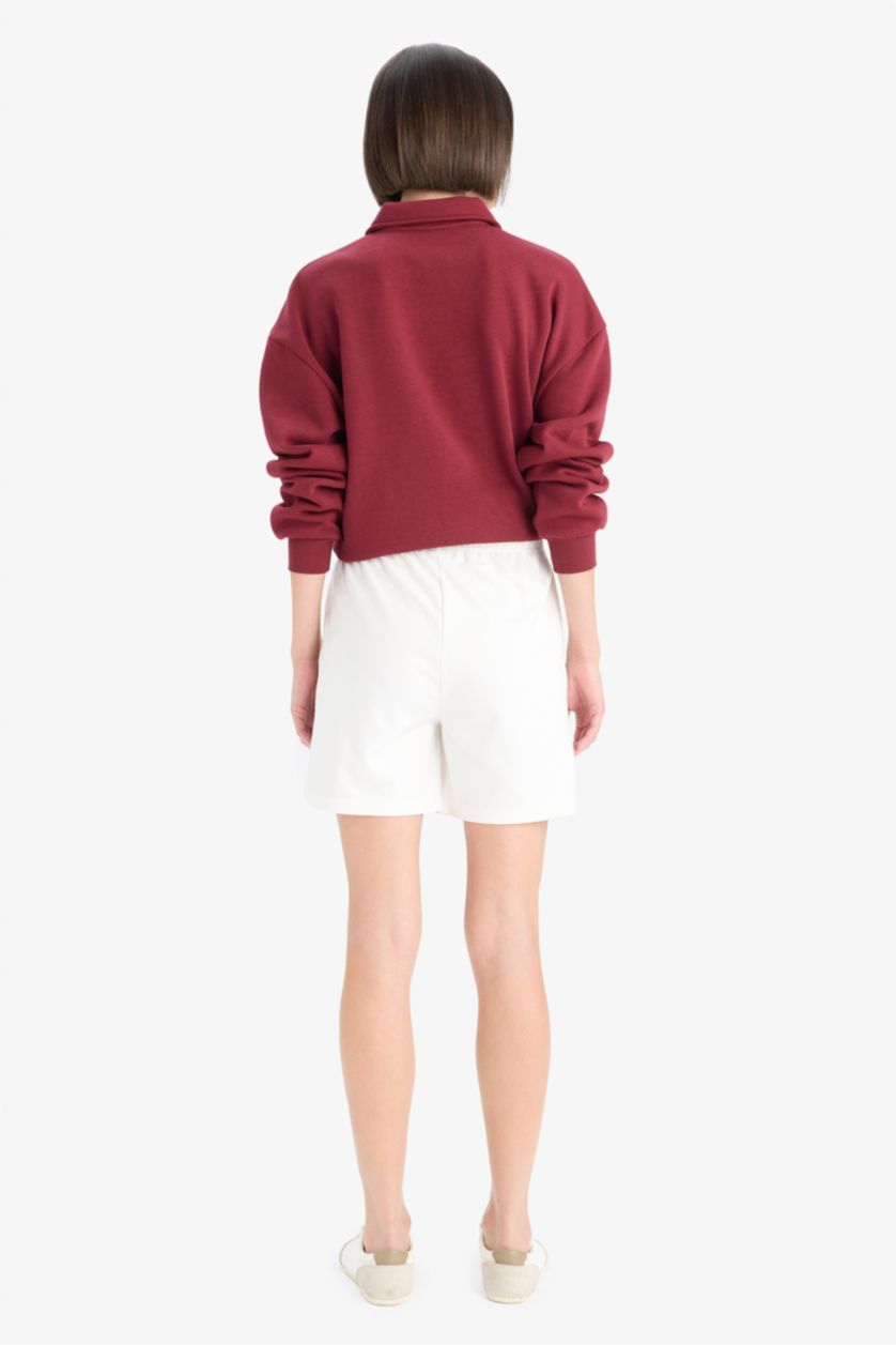 Kadın Ekru Beli Bağcıklı Basic Düz Bermuda Şort