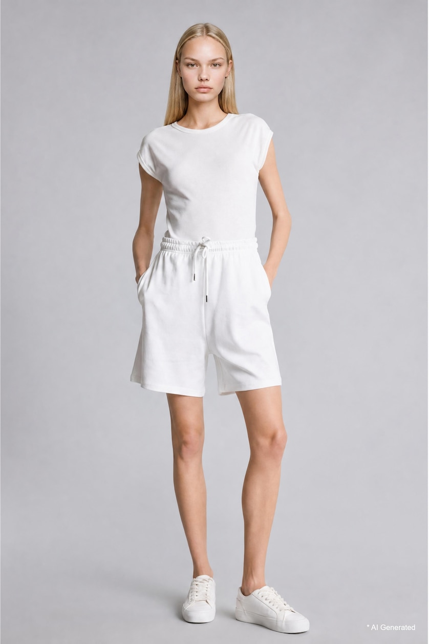FEMME Écru Short bermuda écru 100% coton à taille élastique avec cordon