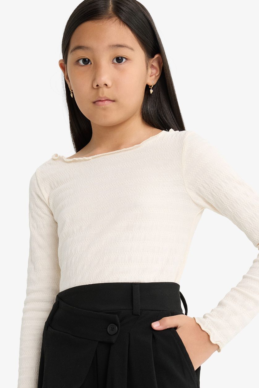 Girls & Teens Ecru Girl Fitted Crew Neck Crepe Long Sleeve T-Shirt