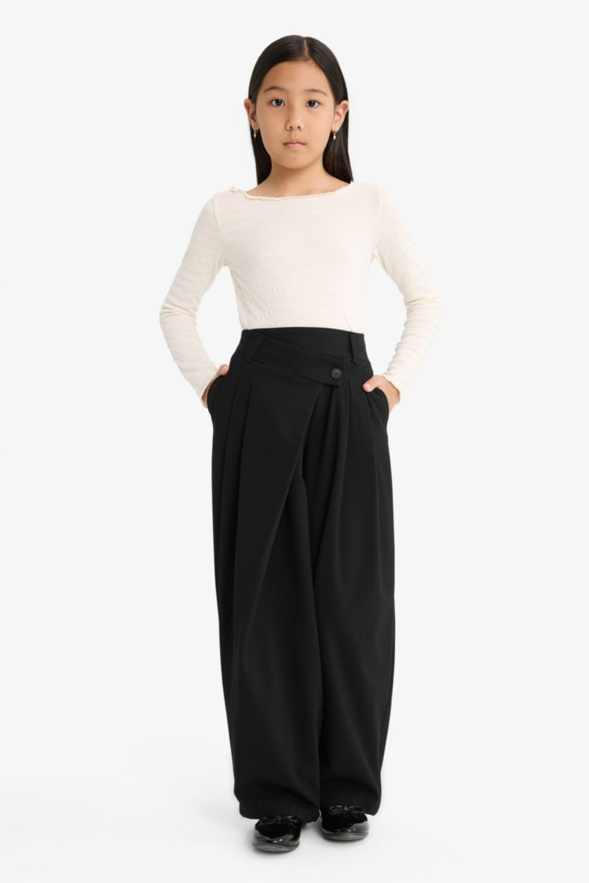 Girls & Teens Ecru Girl Fitted Crew Neck Crepe Long Sleeve T-Shirt