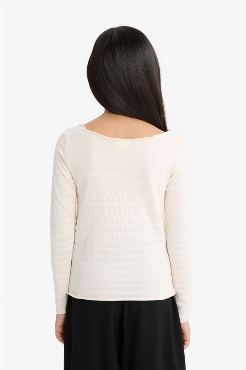 Girls & Teens Ecru Girl Fitted Crew Neck Crepe Long Sleeve T-Shirt