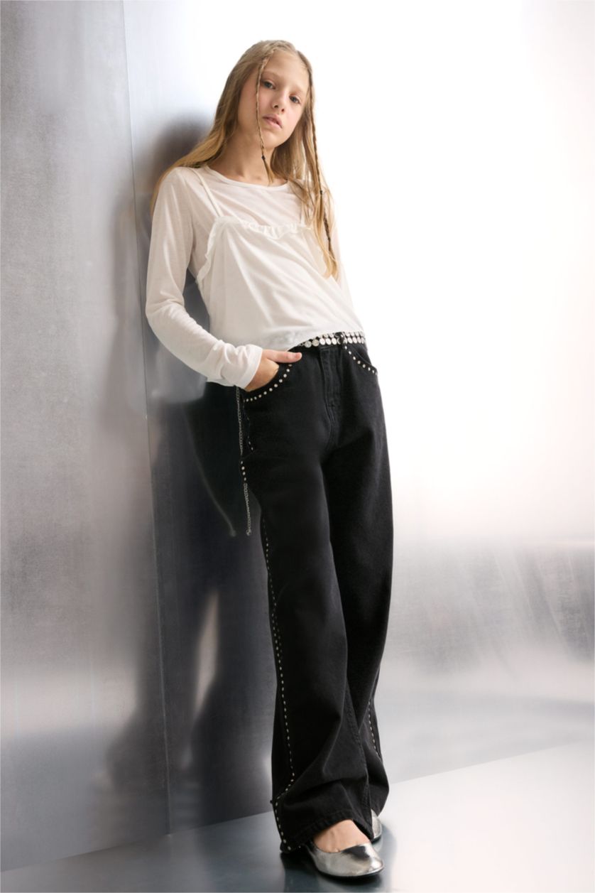 Kız Çocuk - Genç Kız Ekru Fitted Bisiklet Yaka Uzun Kollu Tişört Kız Çocuk