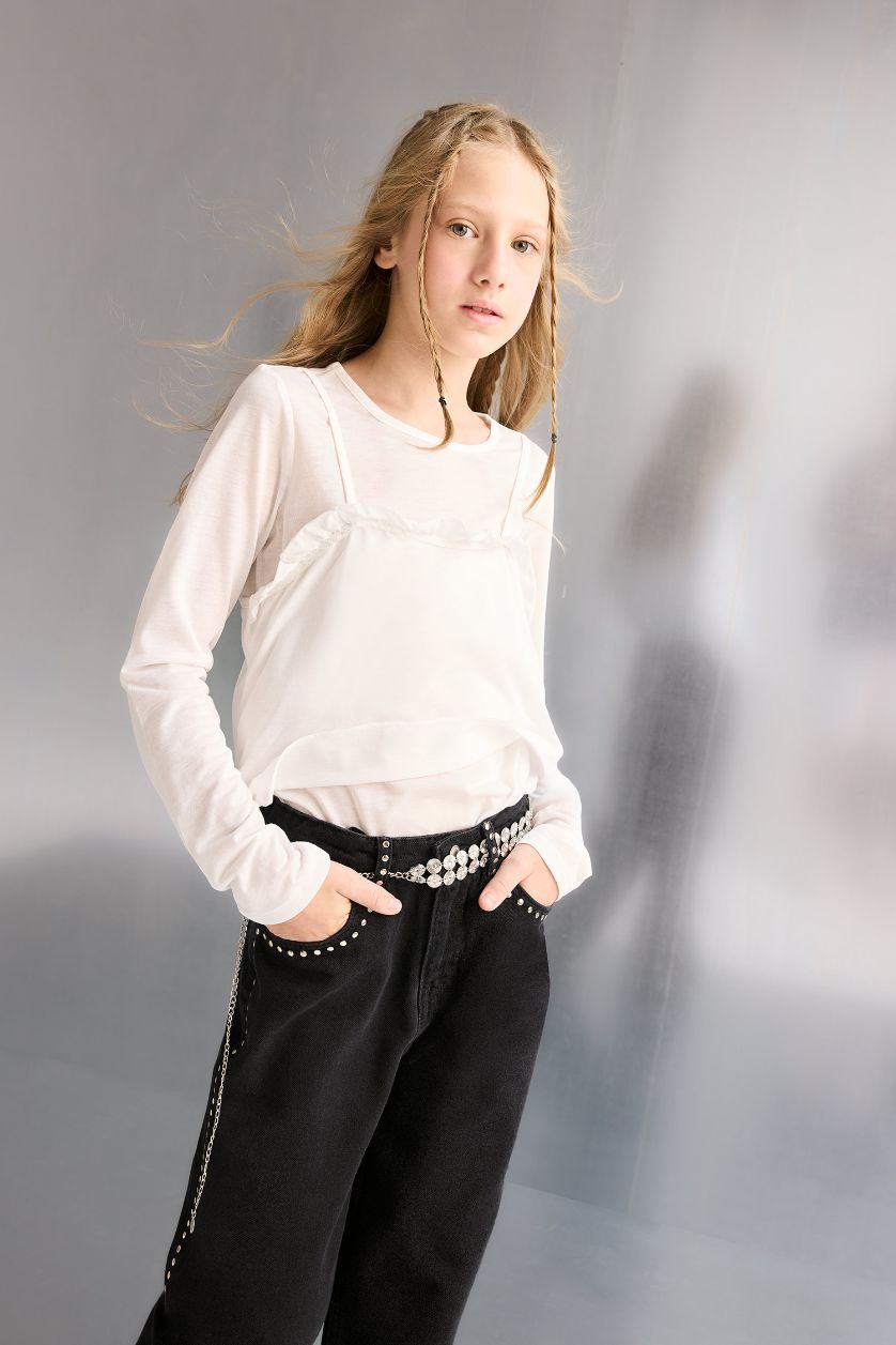 Kız Çocuk - Genç Kız Ekru Fitted Bisiklet Yaka Uzun Kollu Tişört Kız Çocuk