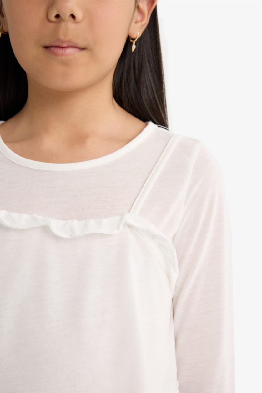 Kız Çocuk - Genç Kız Ekru Fitted Bisiklet Yaka Uzun Kollu Tişört Kız Çocuk